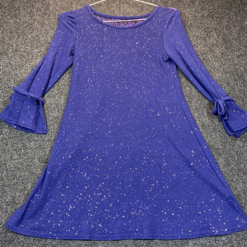 btween Glitter Lace Back Dress Girls 10 Blue Sparkly Bell Sleeve Holiday Party